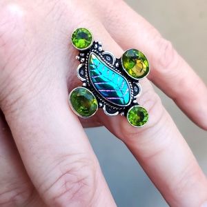 New Carved Rainbow Hematite & Peridot 925 Silver Ring.